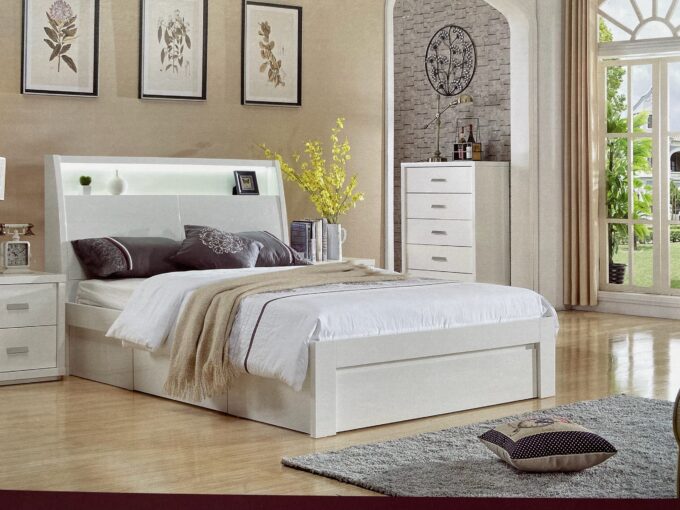 Glossy Double, king, queen white bed frame with storage