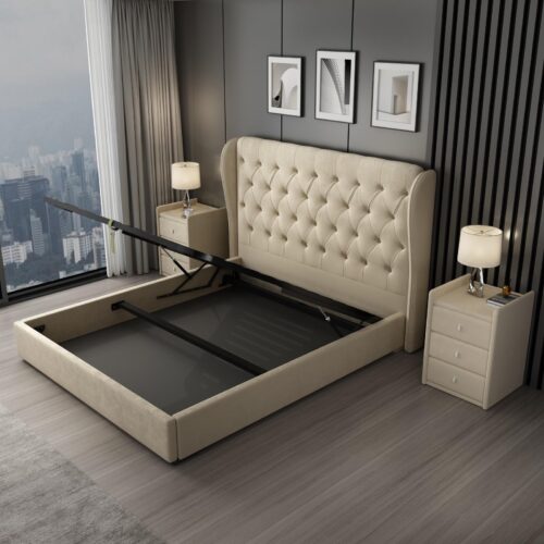 Liberty Velvet beige queen bed frame with storage