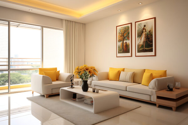 a bright living room with a sofa