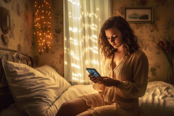 girl using phone in bed