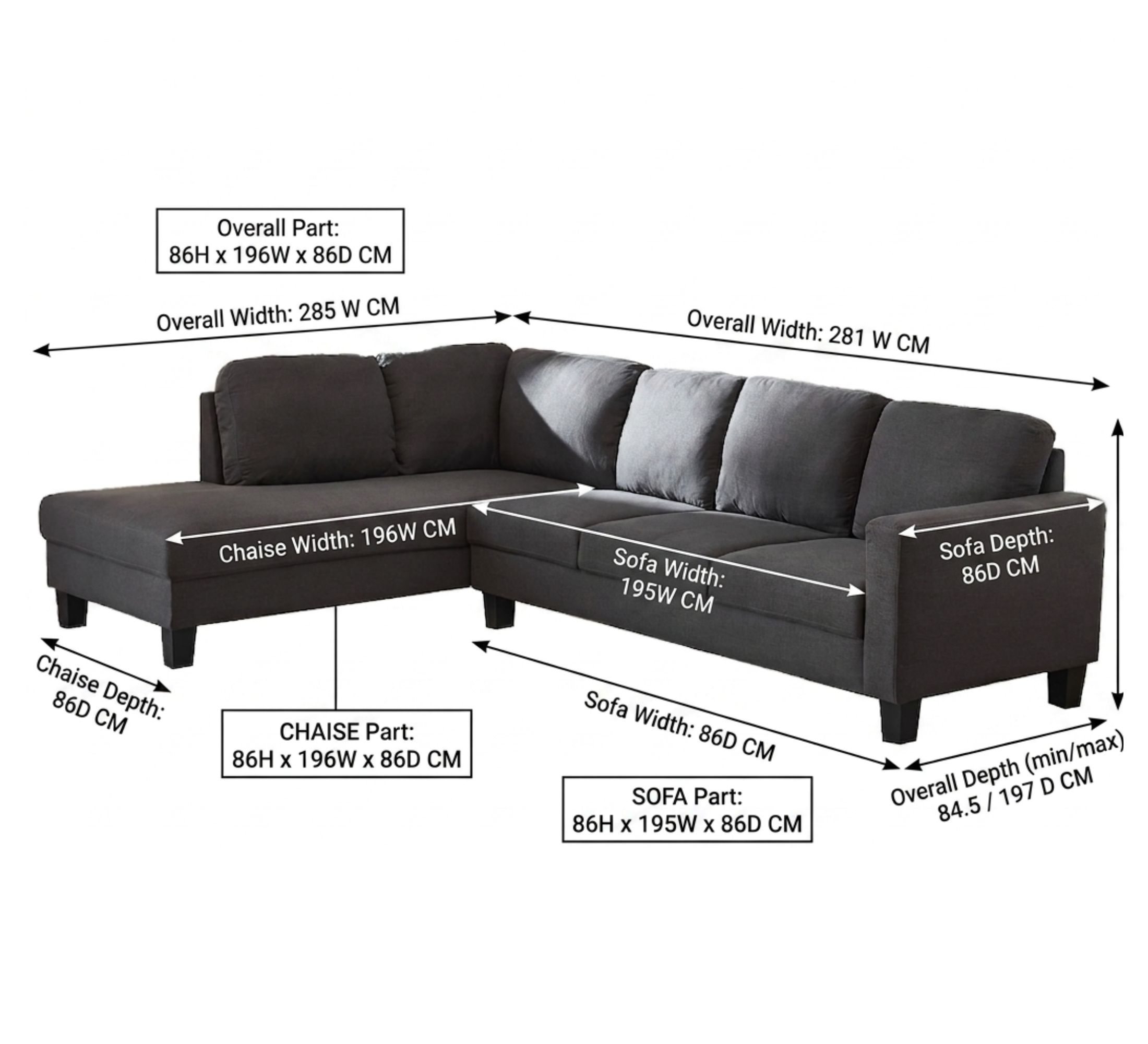 Lorenza 5 Seater Sofa (L-Shape, Chaise on right) - Dark Grey - Image 6