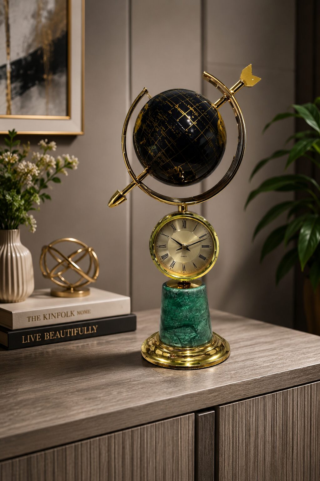 Meridian Black & Gold Globe Clock Ornament