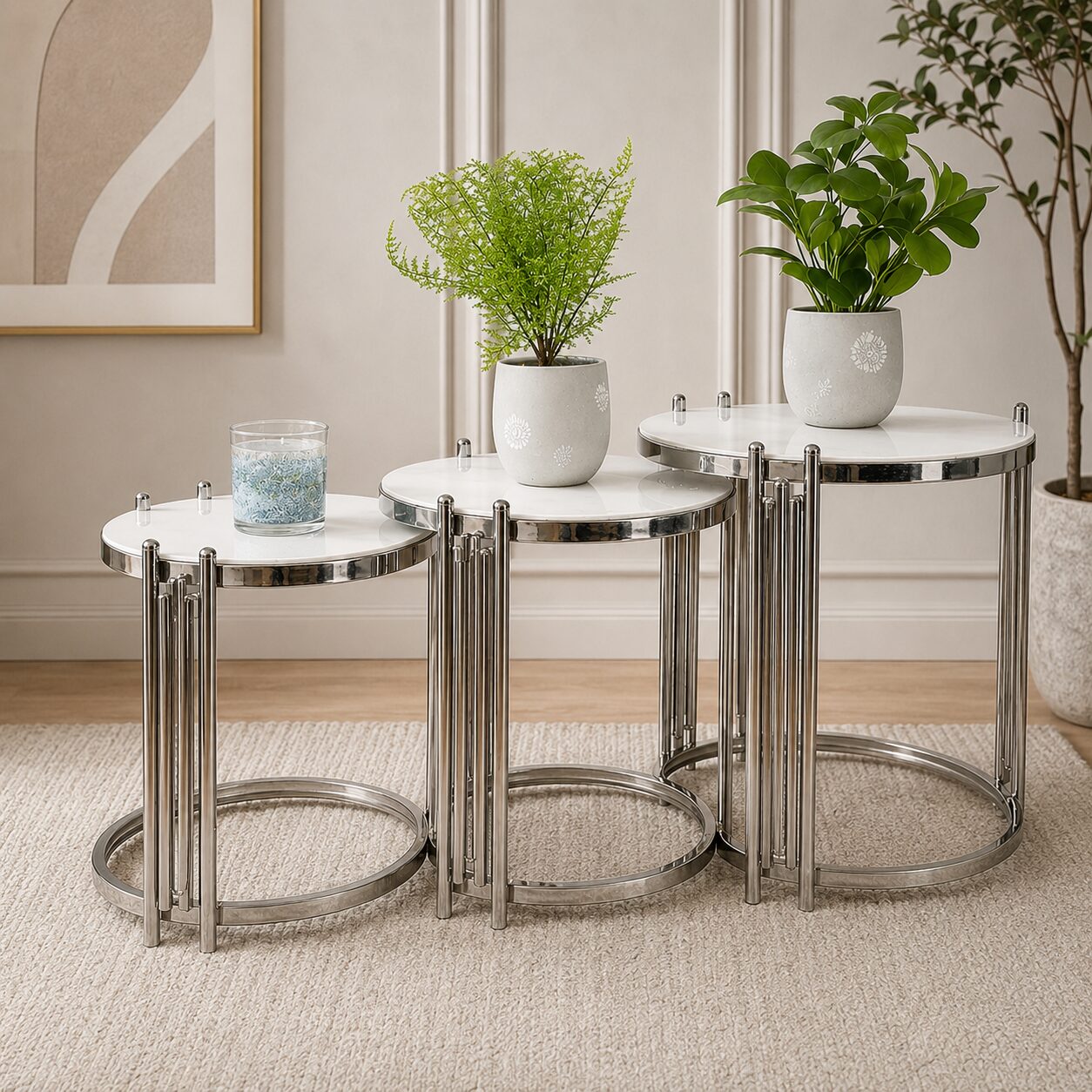 Oslo 3 Piece Nesting Table Brushed Silver Stainless Steel Base