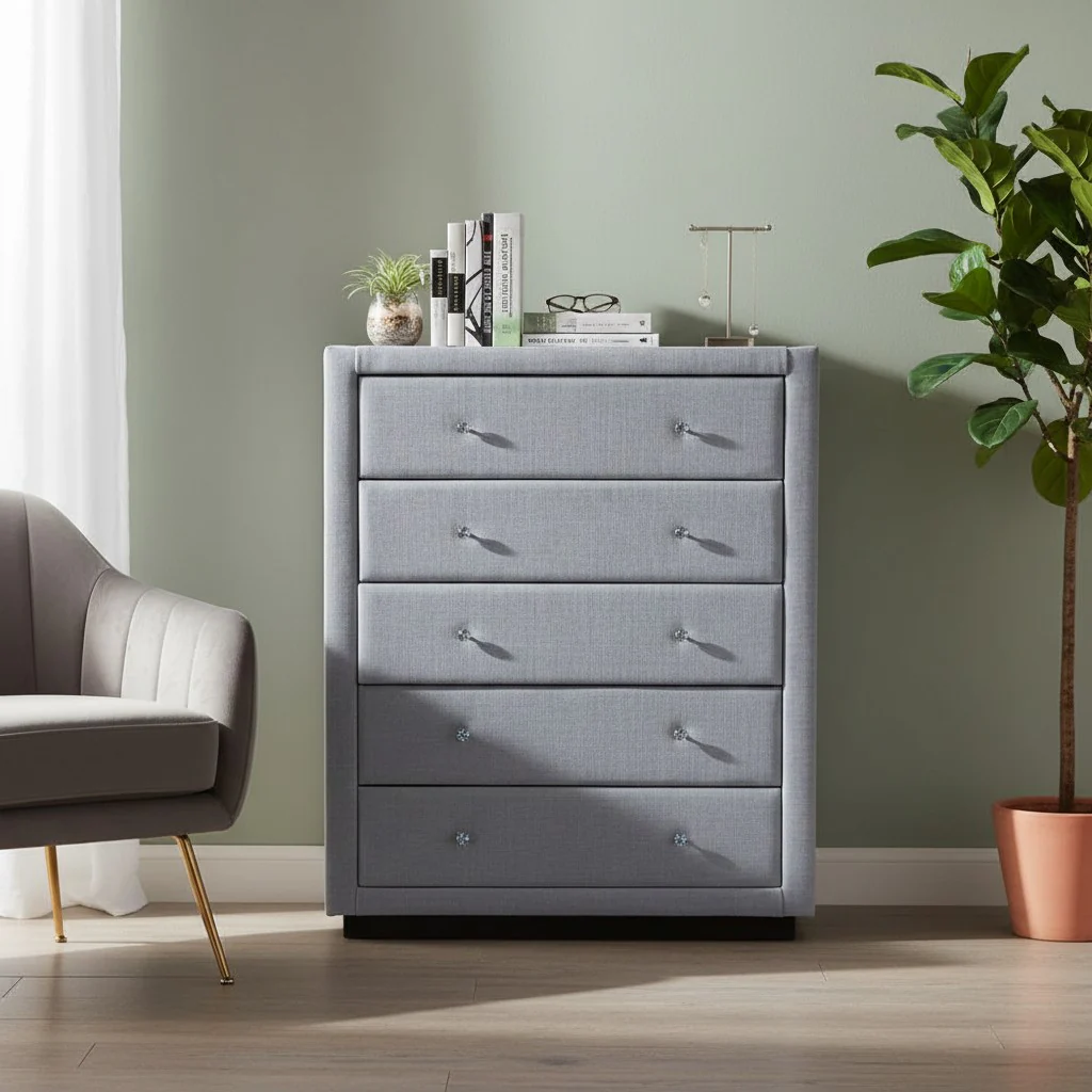Adria Fabric Upholstered Tallboy – Light Grey - Image 2