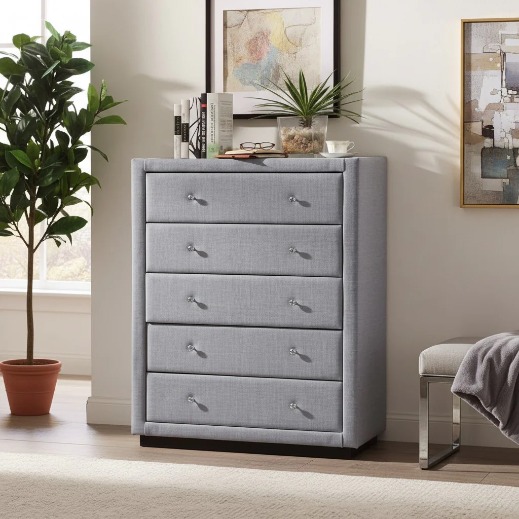 Adria Fabric Upholstered Tallboy – Light Grey