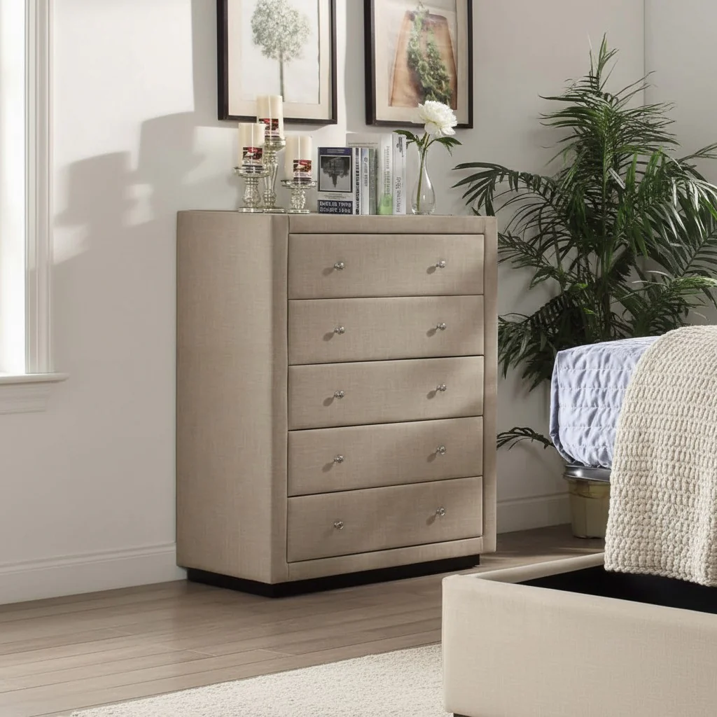 Adria Fabric Upholstered Tallboy Sand
