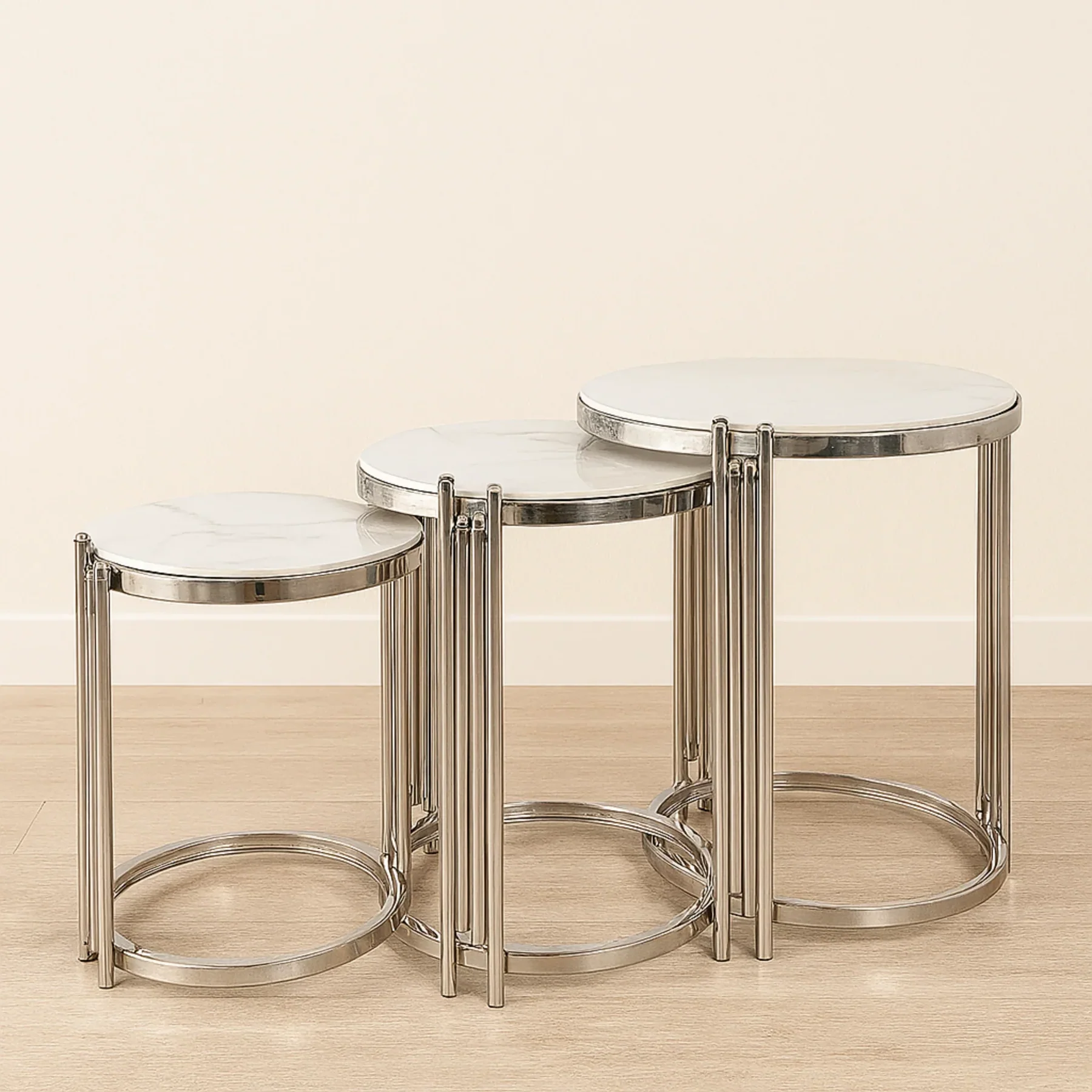 Oslo 3 Piece Nesting Table Brushed Silver Stainless Steel Base - Image 2