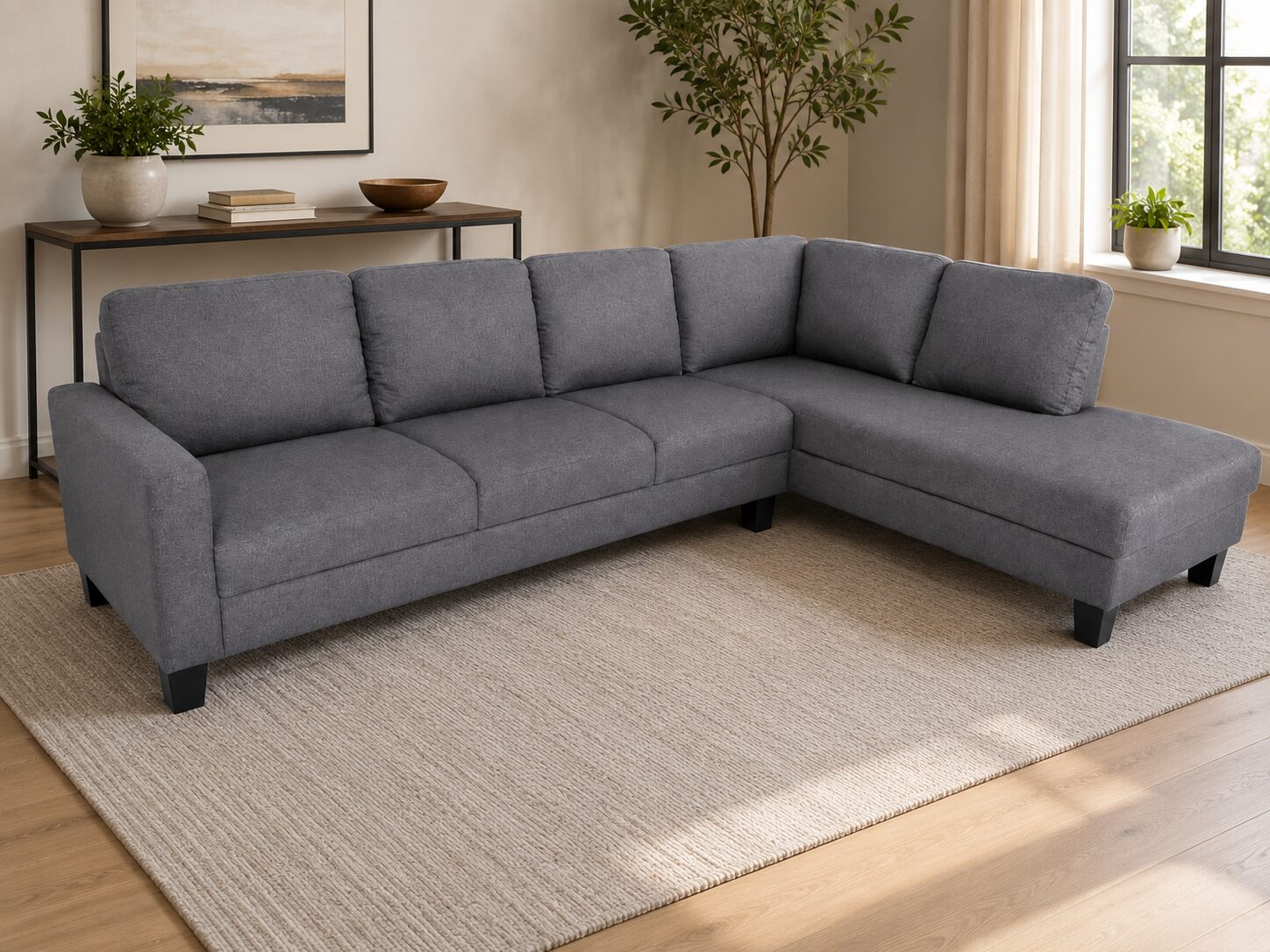 Lorenza 5 Seater Sofa (L-Shape, Chaise on right) - Dark Grey - Image 4