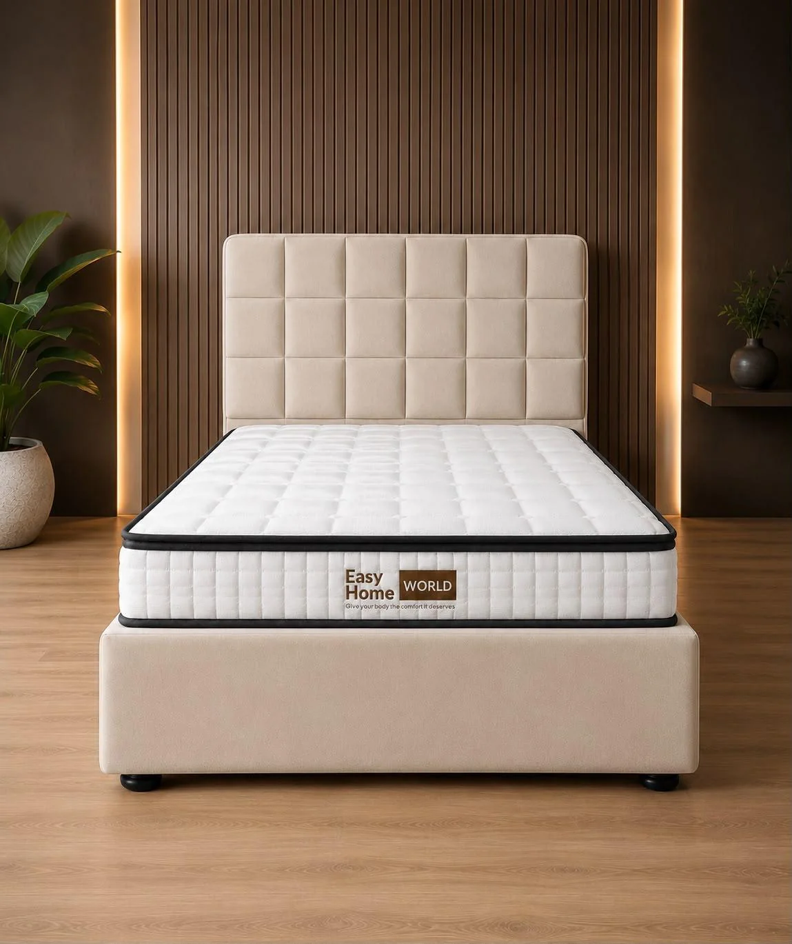 Orion Solid Timber Slat Ensemble Bed Base – Beige Velvet